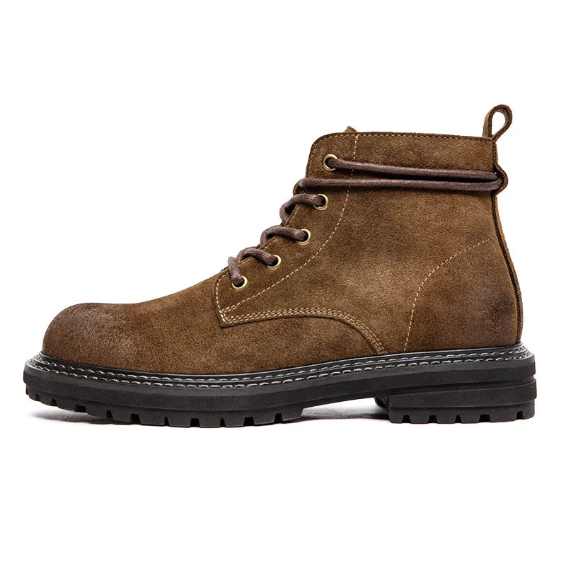 Maden Men Vintage Split Suede Fleece-lined Boots Brown High-Top Work Boots Lace-Up Desert Ankle Rugged Sole Boots Outdoor Shoes
