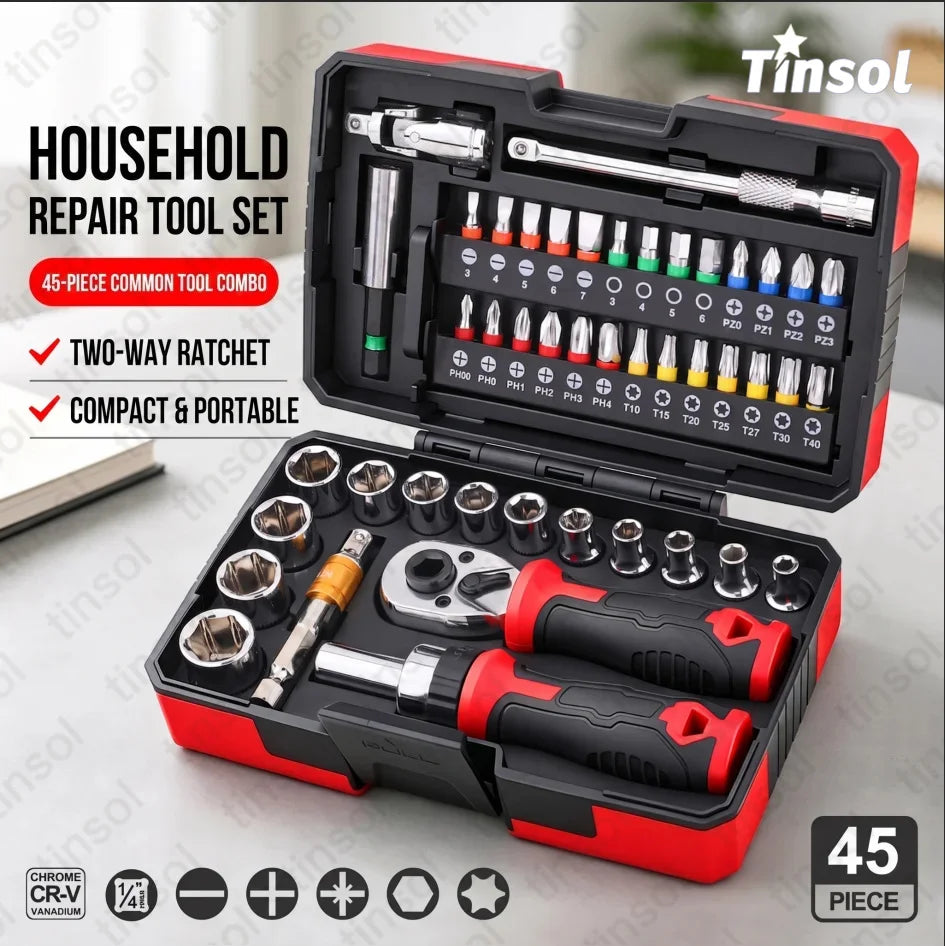 TINSOL 45PCS 1/4 Inch Drive Ratchet Screwdriver Socket Bit Set 72 Tooth CR-V Magnetic Bit Driver Auto Home Repair Tool Kit Case