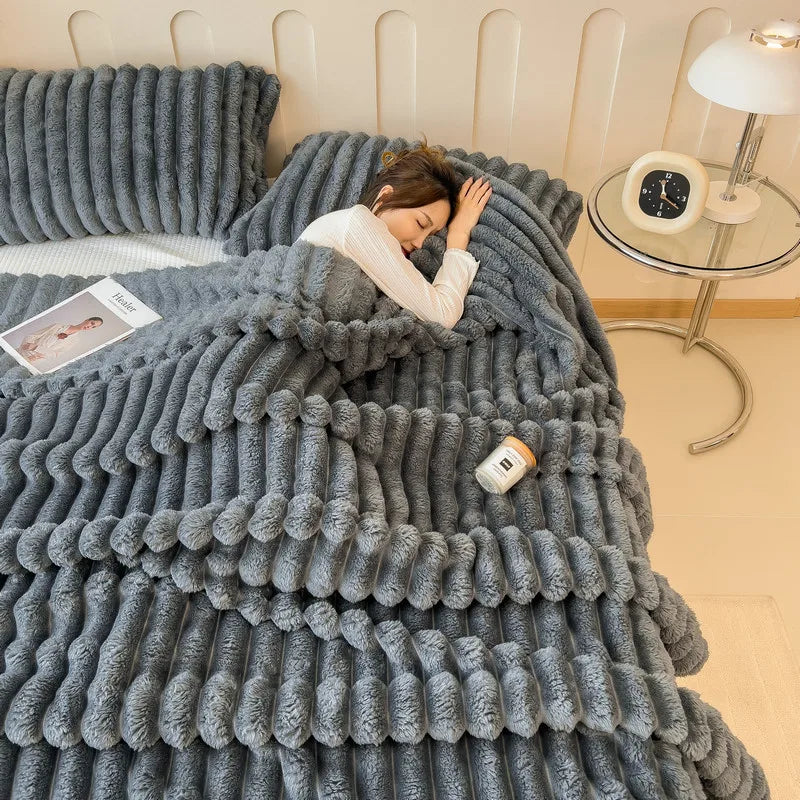 Thick Warm Wide Striped Flannel Blanket Solid Color Soft Fluffy Plush Throws for Sofa Bed Office Travel Multifunctional Blanket