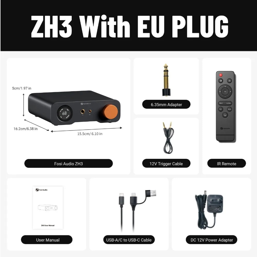 Fosi Audio ZH3 HIFI Headphone Amplifier AKM4493SEQ Desktop DAC Fully Balanced Preamp with Remote 12V Trigger Input