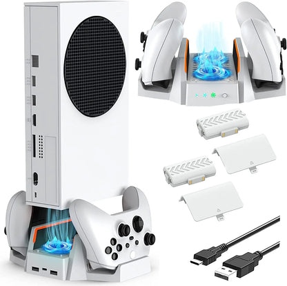 Cooling Stand for Xbox Series S with Dual Cooling Fan Dual Controller Charging Dock with LED Indicator and Extra Two 800mAh Rec