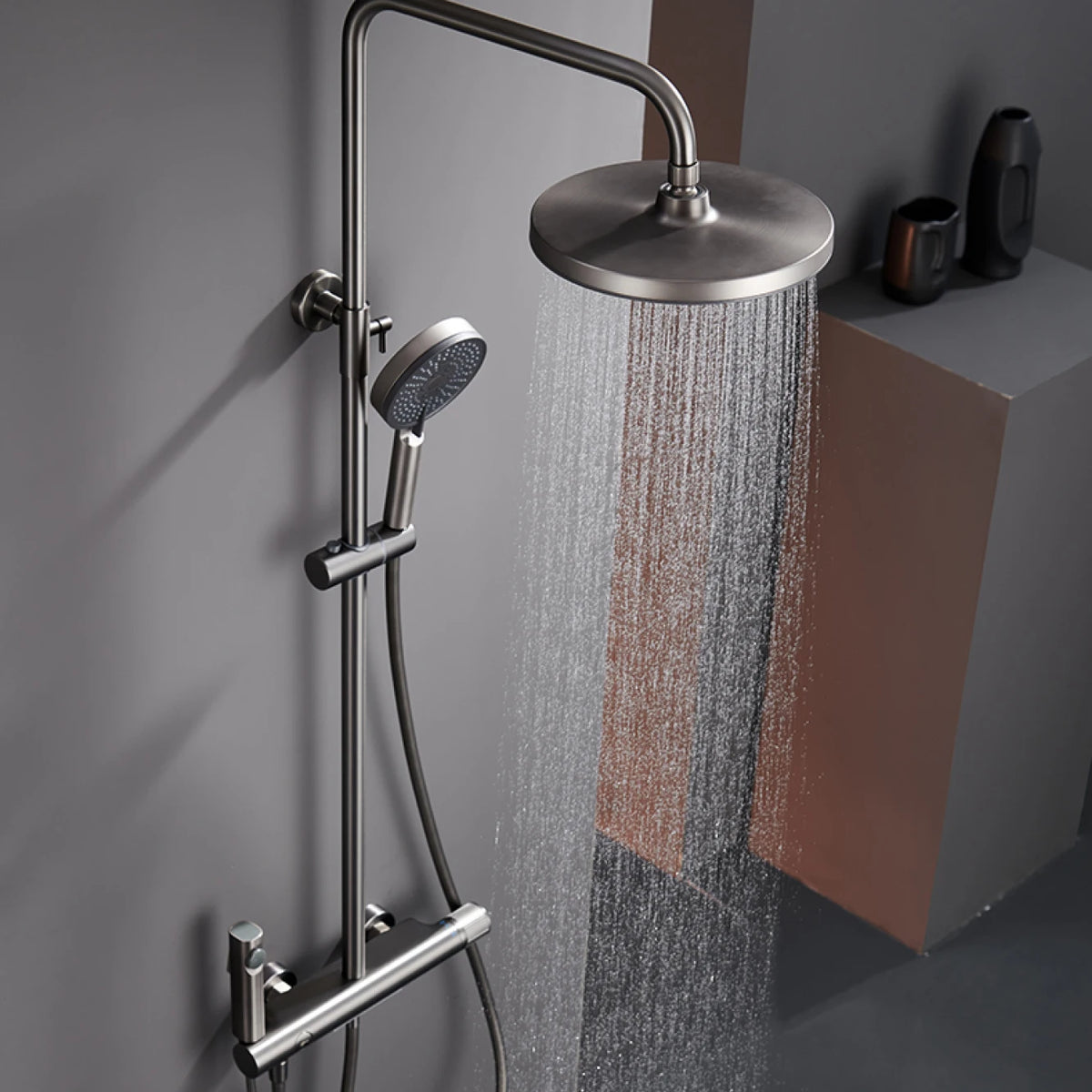 Luxury brass gun gray shower system with simple design, cold and hot dual control waterfall style water outlet bathroom faucet