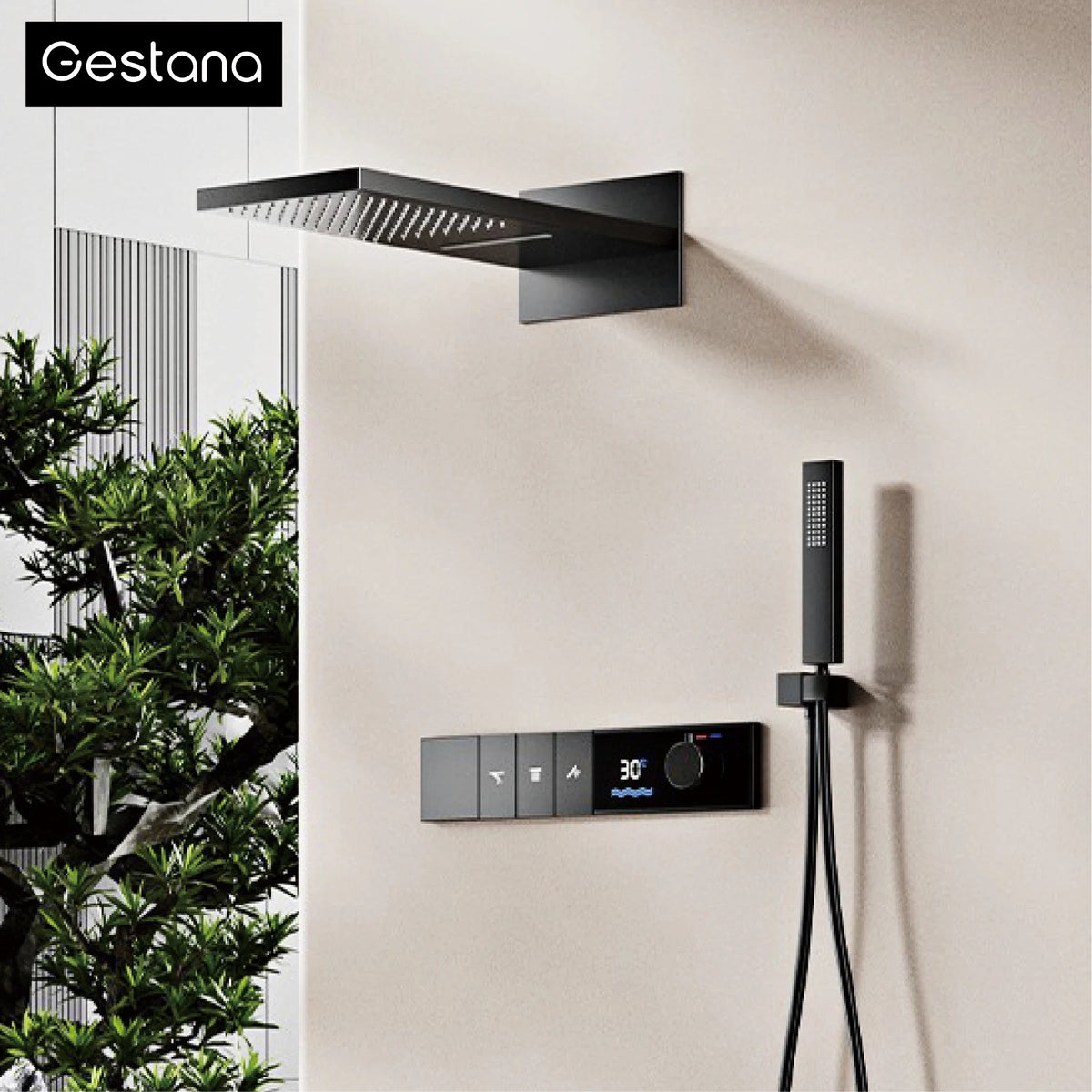 Gunmetal Luxury Brass Built-in Thermostatic Shower System With LED Display Rain&Handheld Wall- Mounted For Bathroom Hot/Cold Tap