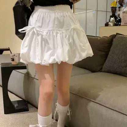 Sweet Cool Kawaii Y2K Puff Mini Skirt Women's Plaid High-Waist Lace Patchwork Bow Casual Dating Skirt  Lolita School Performance