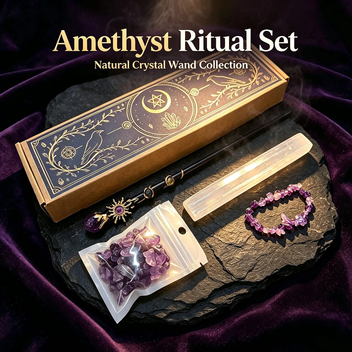 1box Amethyst Witch Crystal Wand Altar Kit, Natural Crystal Stones Selenite Wand Bracelet Wicca Ritual‑Supplies, Spiritual Decor