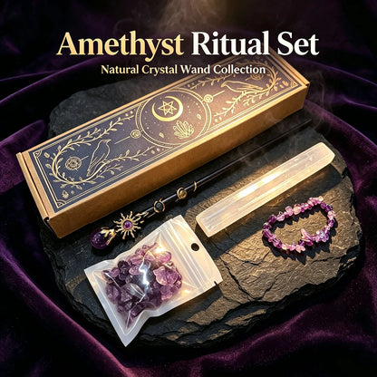 1box Amethyst Witch Crystal Wand Altar Kit, Natural Crystal Stones Selenite Wand Bracelet Wicca Ritual‑Supplies, Spiritual Decor