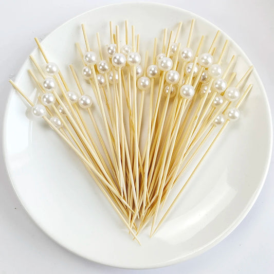 100/50Pcs Wedding Disposable Bamboo Skewers White Pearl Wooden Cocktail Picks Fruit Snack Fork Skewer Wedding Party Tableware