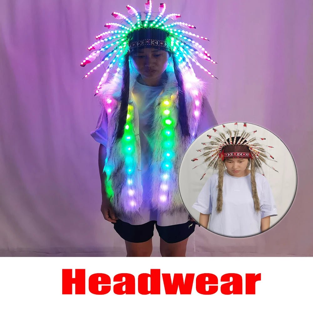 Full Color LED Light up Fur Vest Jacket with Indian Headdress - Performance Outfit for Night Events