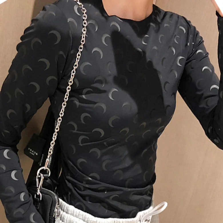 Ice Silk Two Piece Set Womens Sun Protection Clothes Long Sleeve Moon Print Top and Pants American Retro Sexy Autumn New