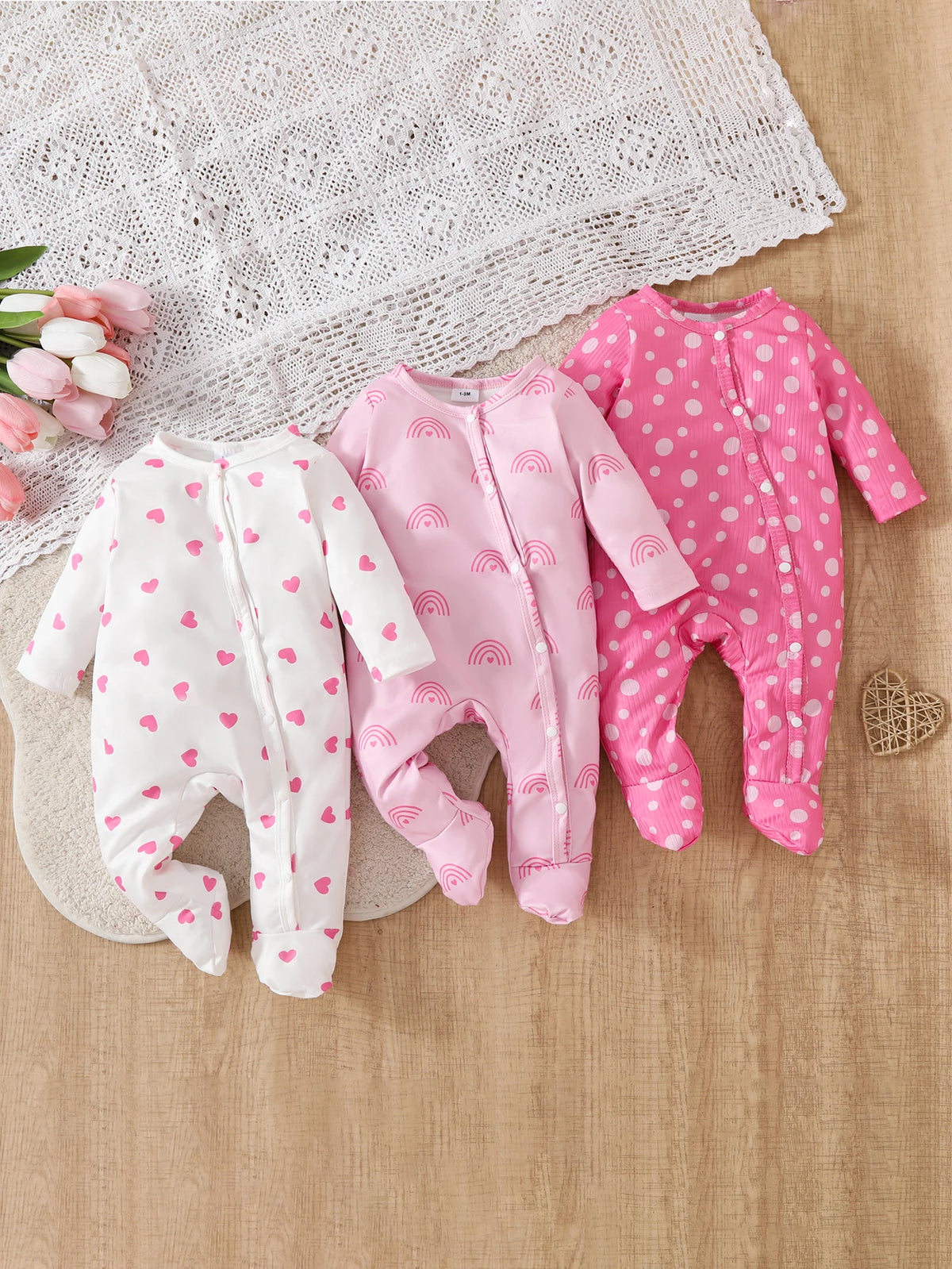 Infant Girls' Four-Season Lightweight Sweet Style Baby Comfortable Round Neck Long-Sleeve Footed Geometric Pattern Three-Piece S