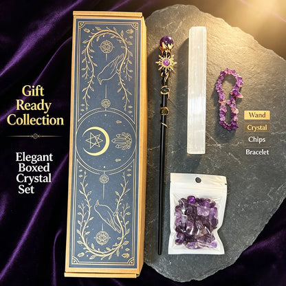 1box Amethyst Witch Crystal Wand Altar Kit, Natural Crystal Stones Selenite Wand Bracelet Wicca Ritual‑Supplies, Spiritual Decor
