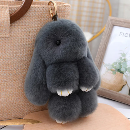 Fluffy Cute Bunny 18CM Real Fur Keychain Rex Rabbit Pom Pom Gift Toy Doll Women Bag Pendant Charm Car Key Keyring Metal ring