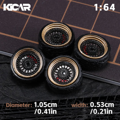 Kicarmod 1/64 10.5mm Alloy Model Wheels with Magnetic Hub Caps-with Rubber Tires for Tomica Custom Diecast Cars