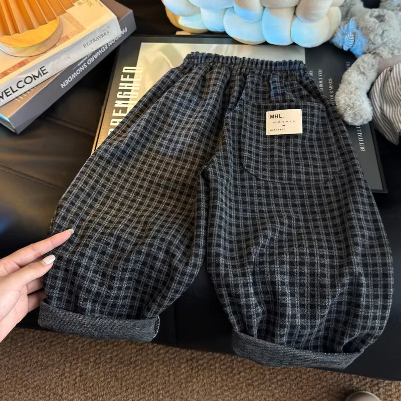 Bellbell Autumn 1-12Yrs Boy Lantern Pant Loose Elastic Waist Plaid Children Boys Trousers Casual Toddler Kids Boys Straight Pant