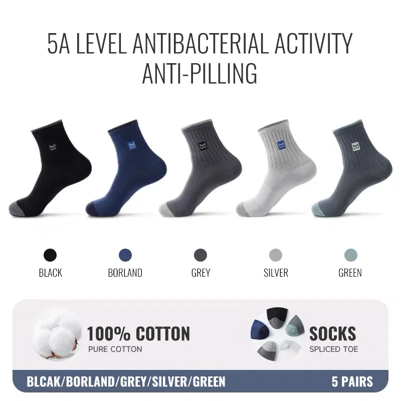 MiiOW 100% Pure Cotton Socks Men Business Dress Sock Anti Odor Crew Socks Antibacterial Breathable Sports Long Sock Black White