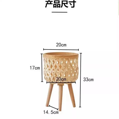 Flower Stand Nordic Solid Wood Rattan Living Room Sofa Side Table Floor-standing Bamboo Shelf Corner Balcony Flower Pot Shelf