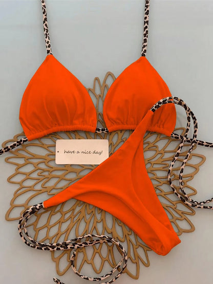 Women's Sexy Solid Halter Bikini Set Lace-Up Low Waist Two-Piece Triangle Thong Swimwear Leopard Tie On Side Brazilian Biquinis