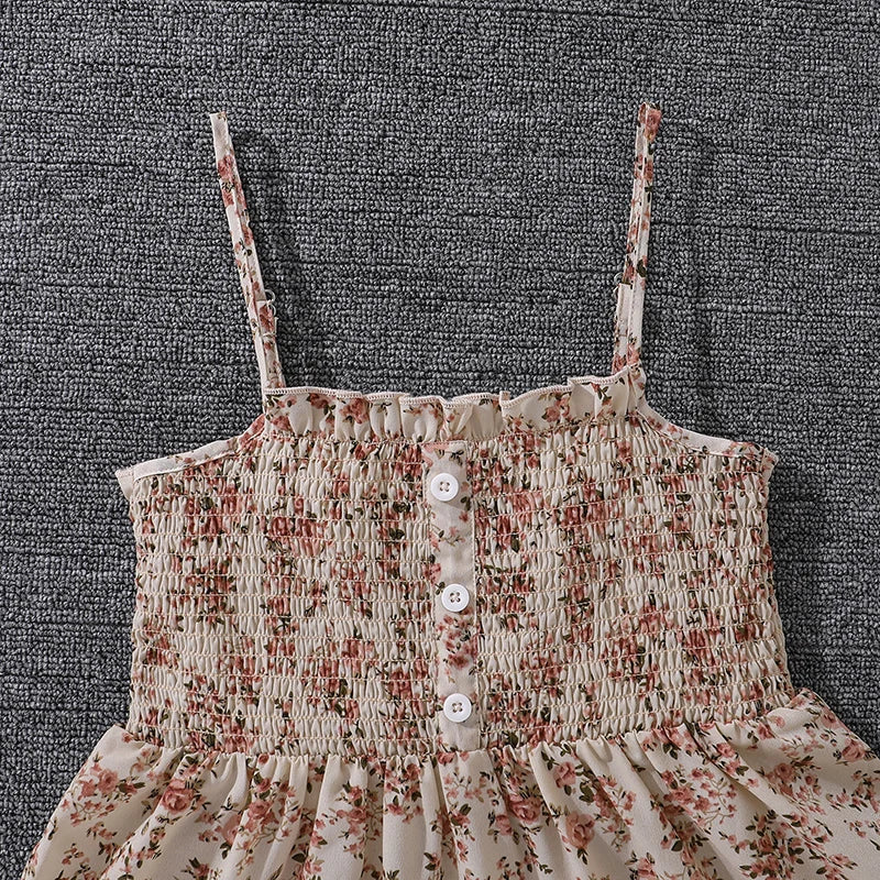 Kid Girl Long Sleeve Bow Design Coat & Beige All Print Shirred-Bodice Sling Dress Set Cute Sweet Elegant Princess Dress For Kids