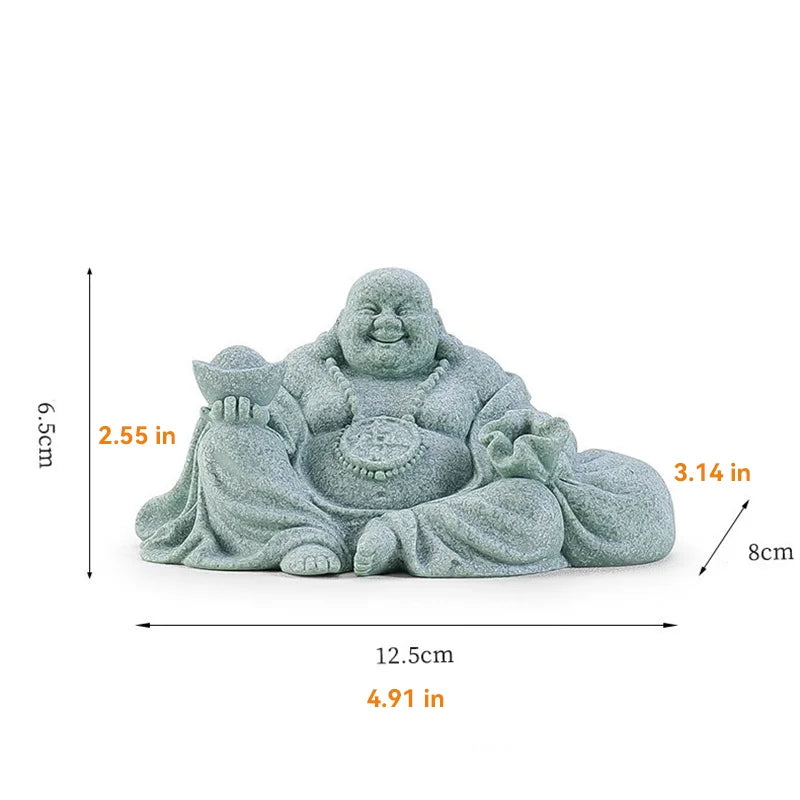 Green Sandstone Laughing Buddha Statue Chinese Buddhist Figures Zen Buddha Home Room Office Wealth Luck Feng Shui Decor