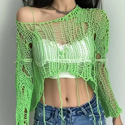 Solid Slash Neck Grunge Knitted Women's Sweater Hole Ripped Pullover Crop Top Harajuku Hollow Out Sexy Summer Jumpers All Match
