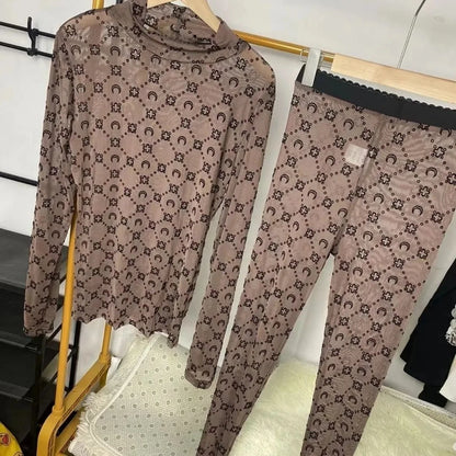 Women Two Piece Set Korean Retro Fashion Long Sleeve Moon Velvet Printed Base Shirt Pants Set Thin Perspective Spicy Girl Sexy
