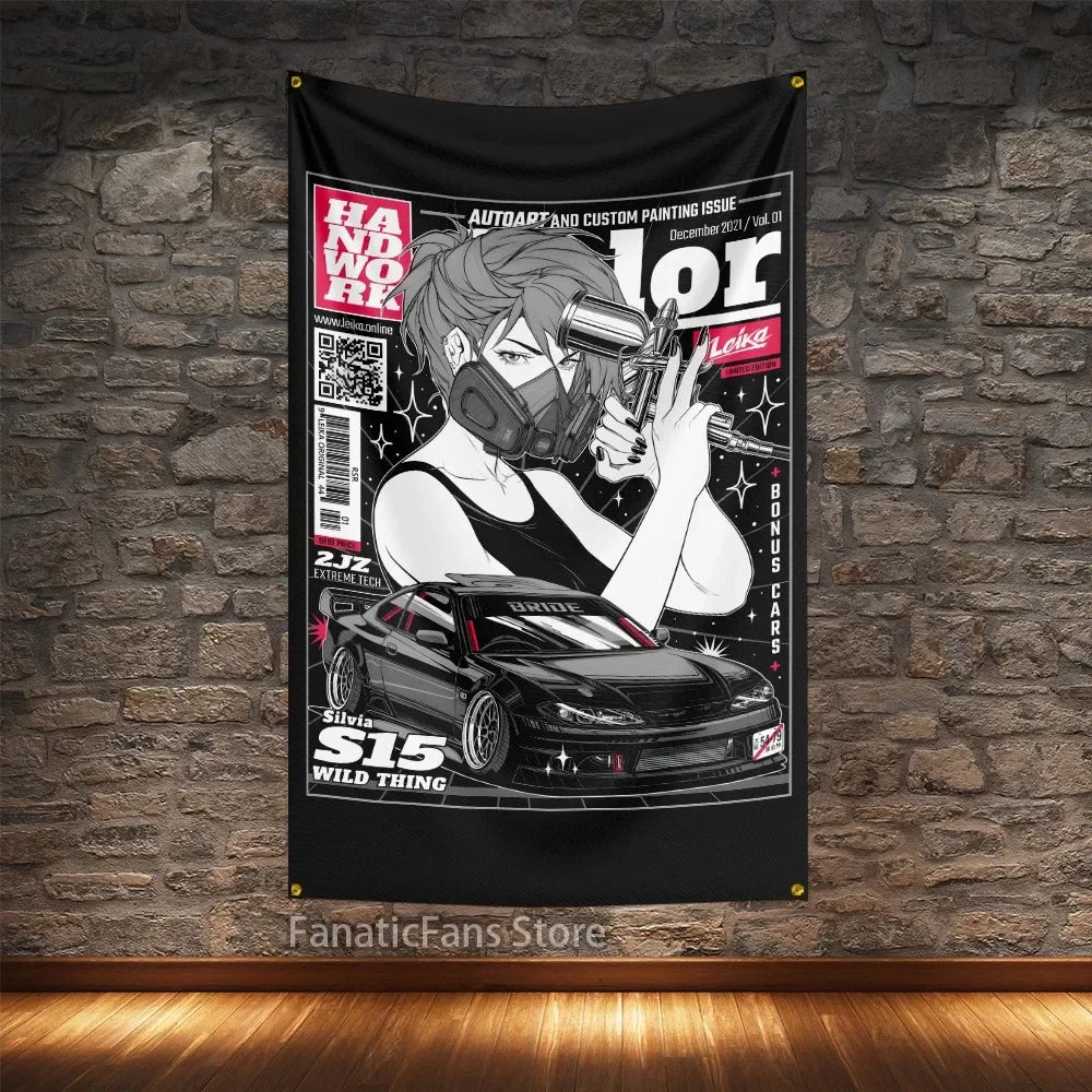JDM Modified Racing Car Flagge Polyester Digital Printing Cars Banner For Decoration