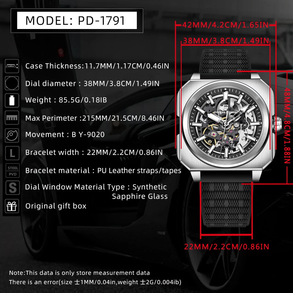 PAGANI DESIGN Sports Square Men's Mechanical Automatic Watch, Waterproof Skeleton Retro Leather Outdoor Sports Luminous Gift Men