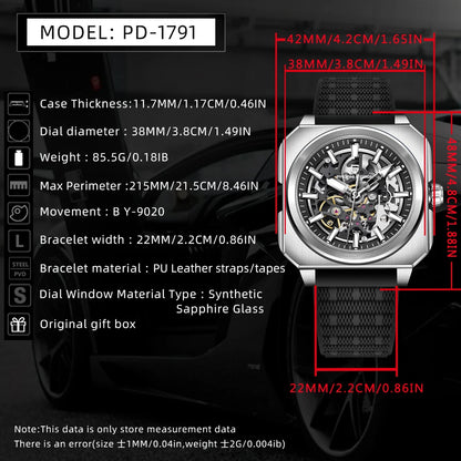 PAGANI DESIGN Sports Square Men's Mechanical Automatic Watch, Waterproof Skeleton Retro Leather Outdoor Sports Luminous Gift Men
