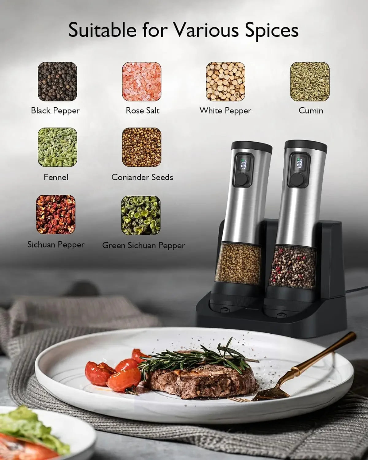 2026 New Electric Salt and Pepper Grinder Set with 5 Adjustable Coarseness Levels, LED Display, Designed for One-Handed Cooking