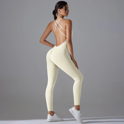 Sexy Backless Bodycon Scrunch Jumpsuit Raises Butt Women Dance Fitness Overalls Push Up Sleeveless Yoga Sport Jump Suit