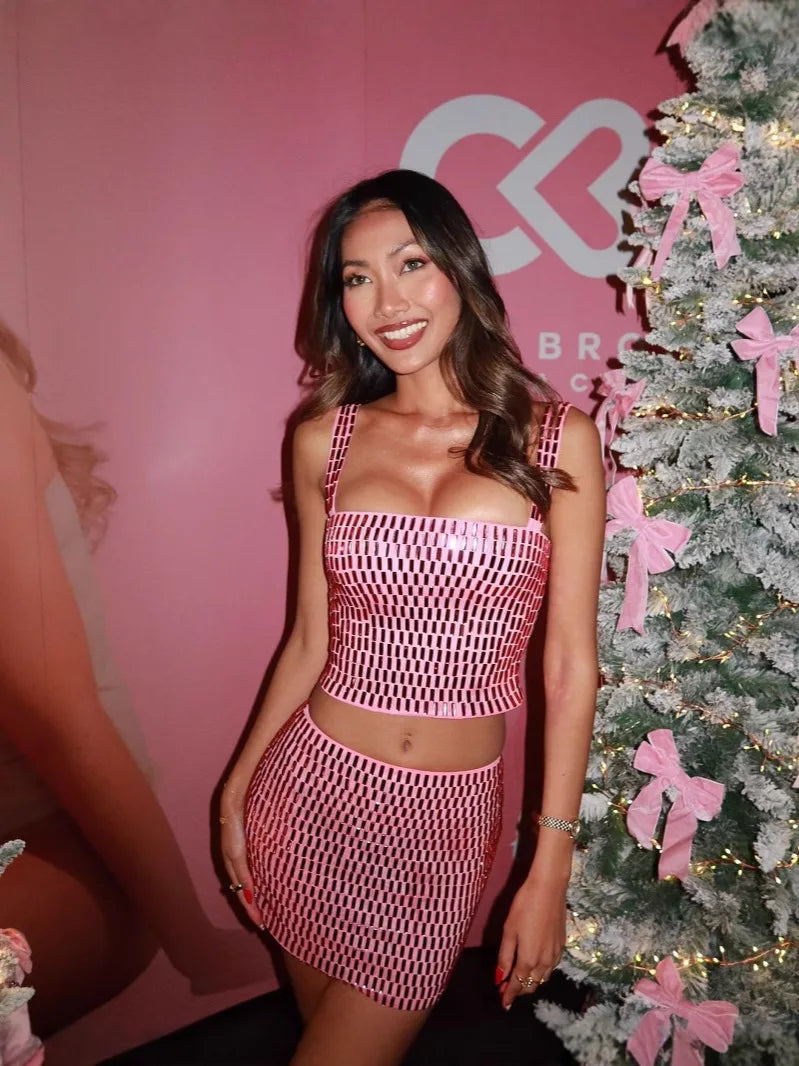 2025 Women Sexy Sleeveless Diamonds Pink Midi Bodycon Two Pieces Skirt Bandage Set  Celebrity Designer Fashion Women's Set