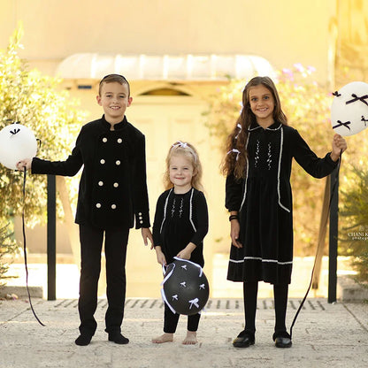 Family Matching New Shabbos Velour Kids Clothing Teen Set Girl Dress Boys Top Baby Overall Rompers Flowers Embroidery and Ribbon