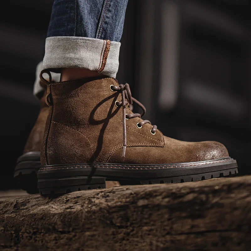 Maden Men Vintage Split Suede Fleece-lined Boots Brown High-Top Work Boots Lace-Up Desert Ankle Rugged Sole Boots Outdoor Shoes