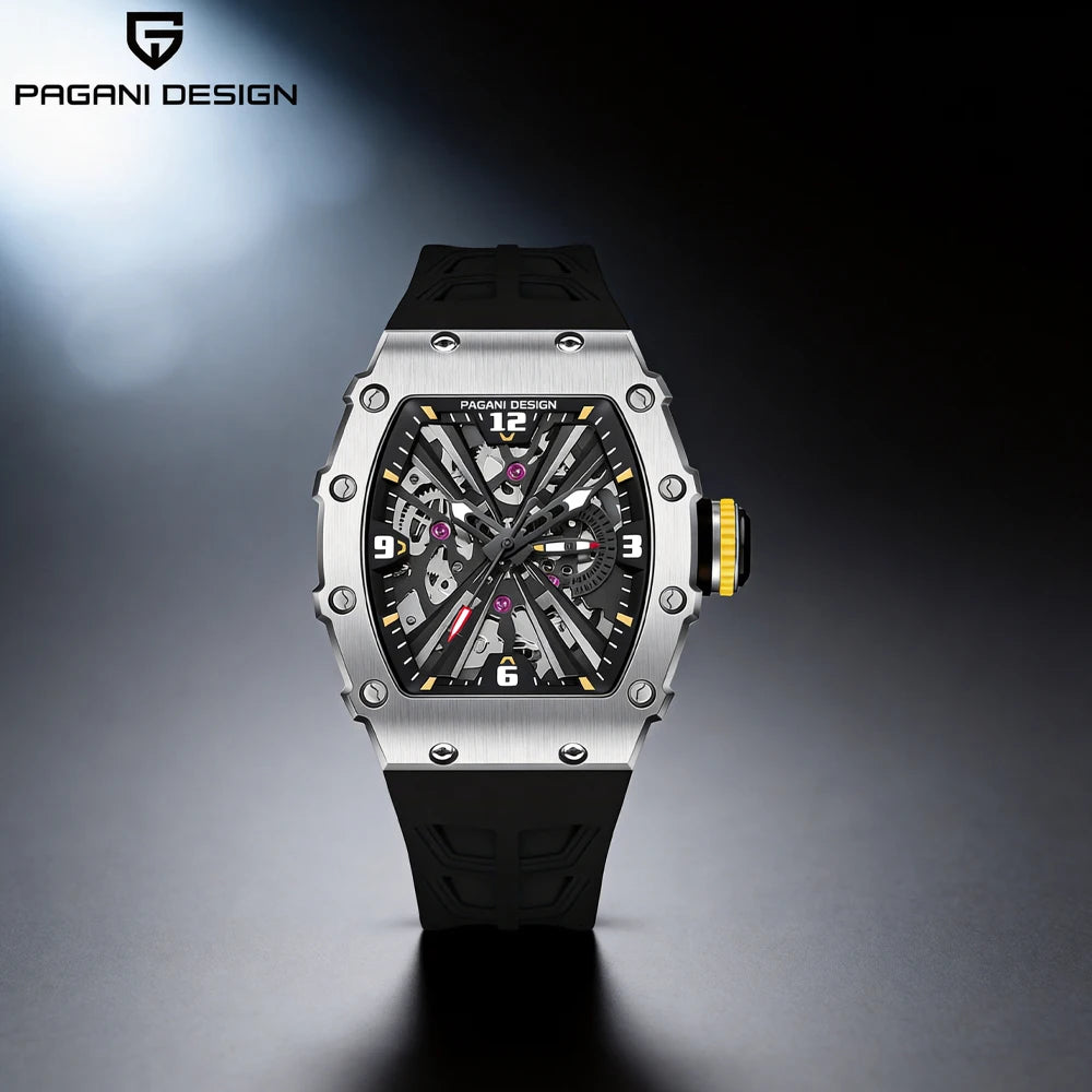 PAGANI DESIGN Men's Quartz Watch Tonneau Hollow Dial Luminous 50M Waterproof Sports Silicone Strap Luxury Watch Reloj Hombre