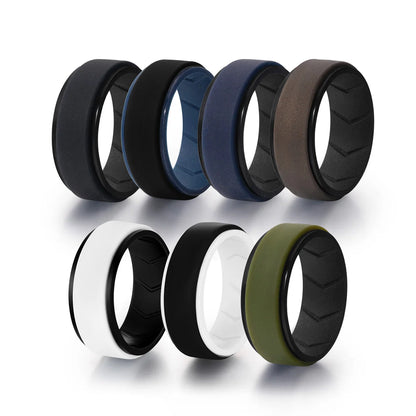 7Pcs Colorful Silicone Rings for Men, 8mm Wide Rubber Wedding Bands, Soft Breathable Hypoallergenic Rings, US Size 7-15