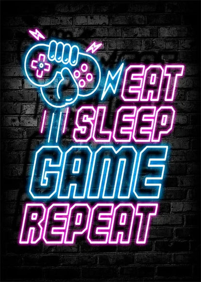 Gaming Neon Eat Sleep Game Repeat  Canvas Posters Gamer Room Decor Canvas Print Art for Home Esports Bedroom Decor Gift Painting