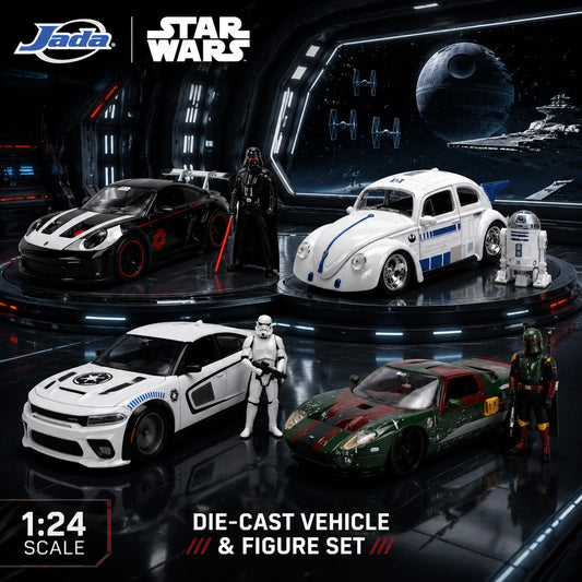 Jada 1:24 Hollywood Rides Star Wars Cars-Ford GT Boba Fett, Porsche 911 Darth Vader, VW Beetle R2D2, Dodge Charger Stormtrooper