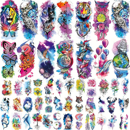 50 Sheets Large Half Arm Fake Tattoos Flower Cat Owl Lion Temporary Tattoos for Women Men Tiny Waterproof Semi Permanent