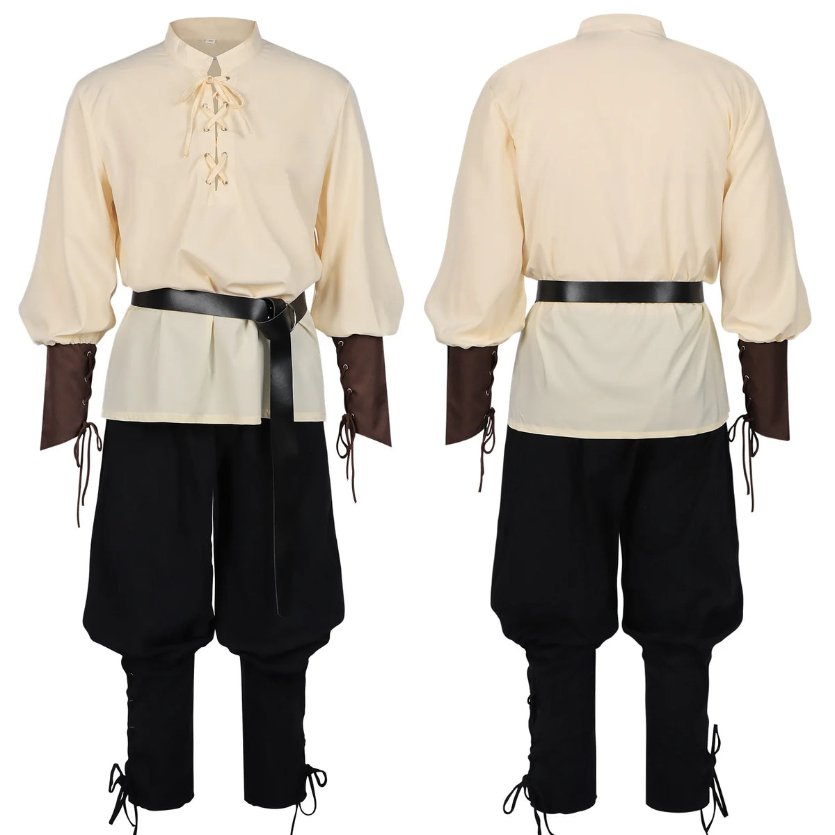 Men's Medieval Pirate Costume Renaissance LARP Shirt with Belt, Retro Gothic Lace-up Top & Pants Set for Halloween Cosplay