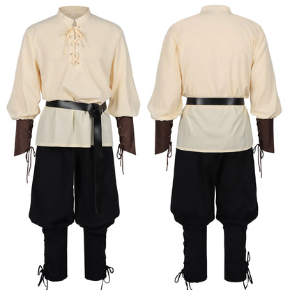 Men's Medieval Pirate Costume Renaissance LARP Shirt with Belt, Retro Gothic Lace-up Top & Pants Set for Halloween Cosplay