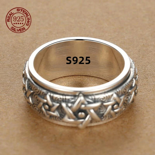 Rotatable S925 Sterling Silver Ring for Men  Vintage Retro Stars Auspicious Cloud Couple Band Women Index Finger Accessories