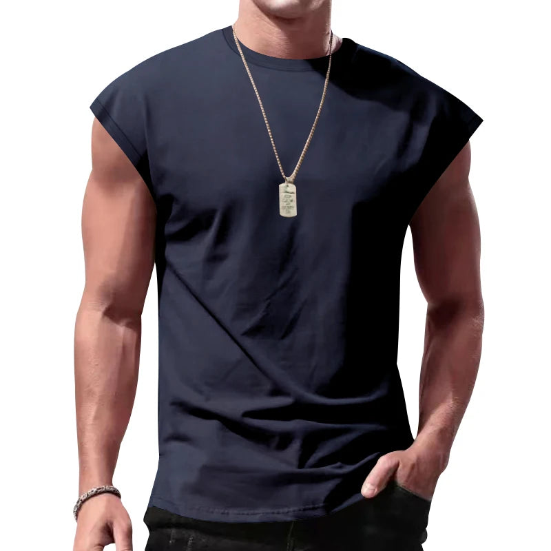 Independent Station 24 Cross-Border Men's Summer New Sleeveless T-Shirt Youth Casual Loose Solid Color Thin Shoulder T-Shirt Spo