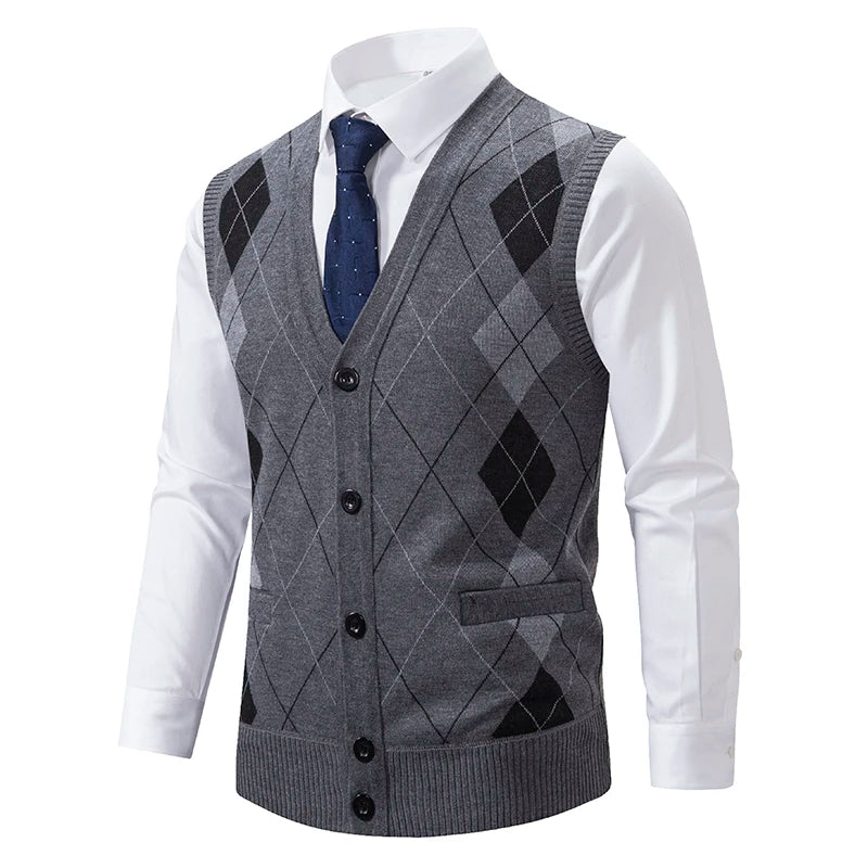 Spring Autumn Male Vest Sleeveless Sweater Fleece Warm  Knitted Jackets Checkered Business Casual Button Up Coat Men's Clothing