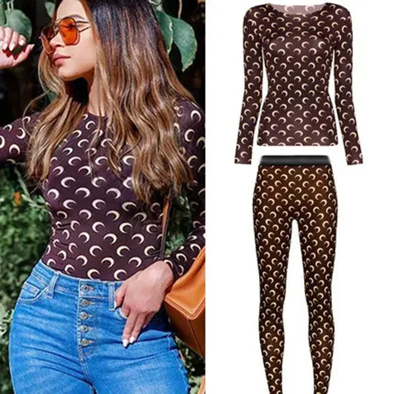 Ice Silk Two Piece Set Womens Sun Protection Clothes Long Sleeve Moon Print Top and Pants American Retro Sexy Autumn New