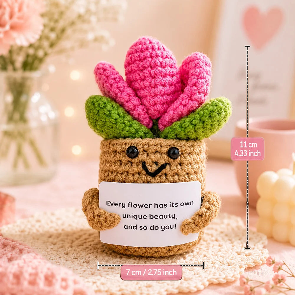 Positive Crochet Handmade Amigurumi Doll Emotional Support Pocket Hug Knit Plant Flower Encouragement Gift for Friends Coworker