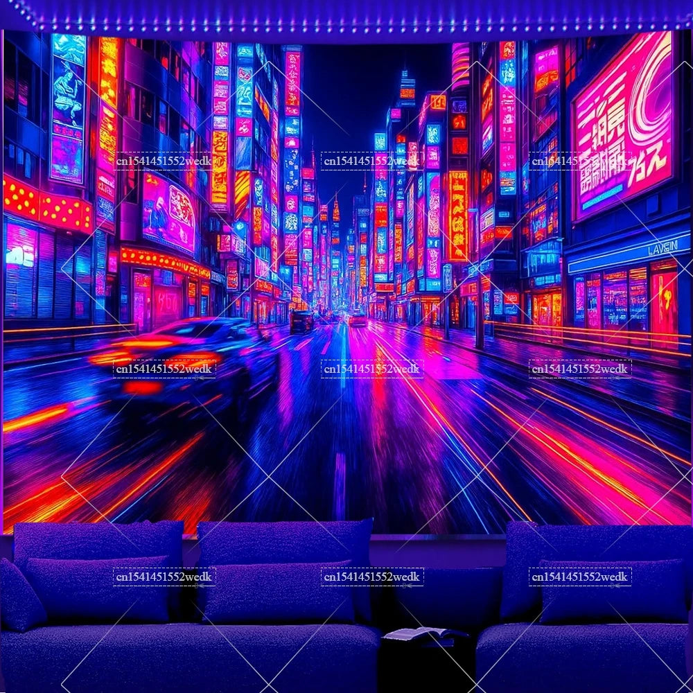 Glow In The Dark Urban Landscape Blacklight Tapestry UV Reactive Street Scene Neon Tapestrys Aesthetic Fluorescent Tapestries