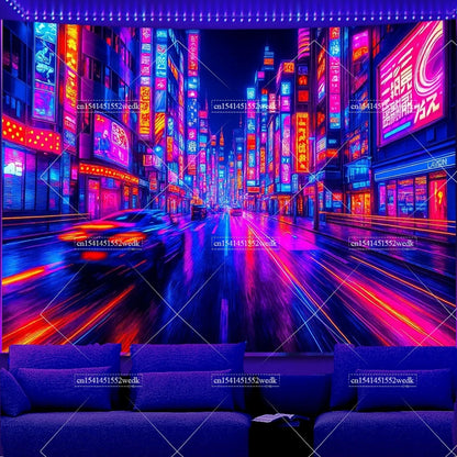 Glow In The Dark Urban Landscape Blacklight Tapestry UV Reactive Street Scene Neon Tapestrys Aesthetic Fluorescent Tapestries