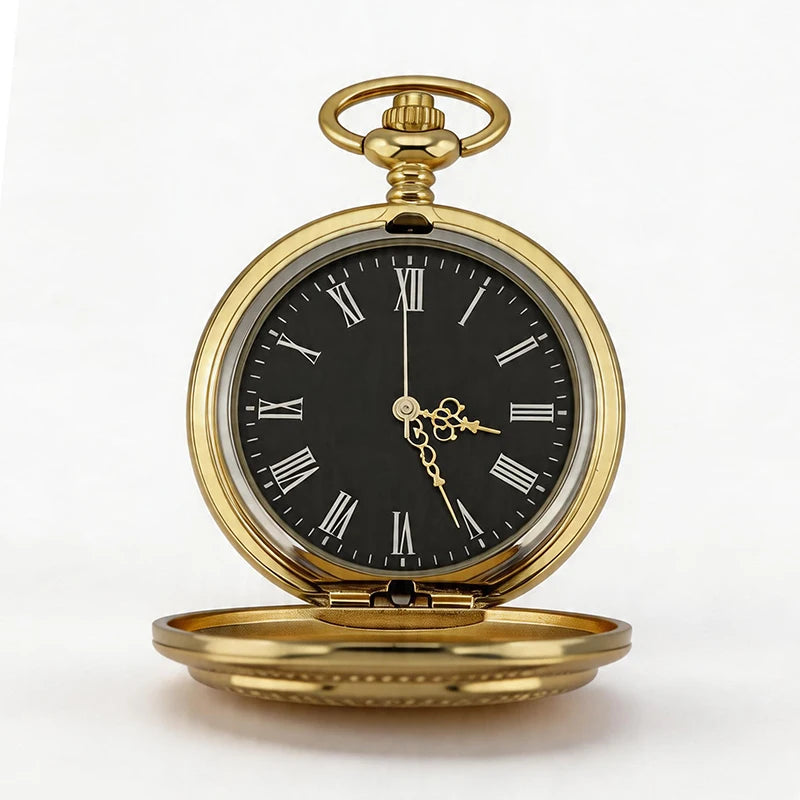 Mens Vintage Gold Pocket Watch Roman Numeral Black Dial Quartz Pocket Watch Classic Retro Pocket Watch Casual Dress Wristwatch