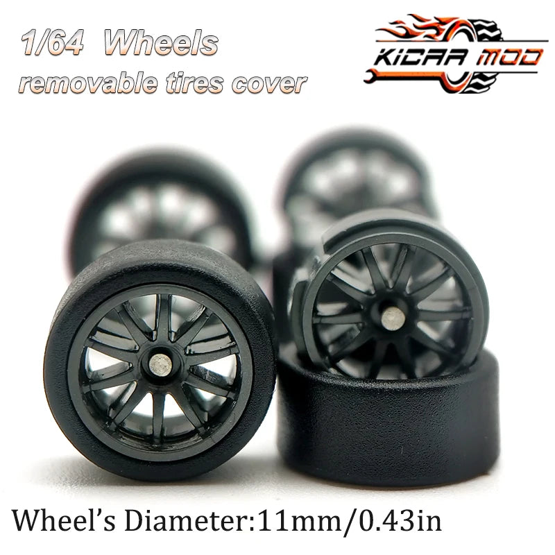 1/64 RLC Premium Wheels with Rubber Slick Tires for 10 Spokes Model Car Refitting Parts D:11mm (1 Set)