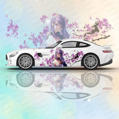 Genshin Impact Raiden Shogun car body stickers on a stylish white car with floral design.